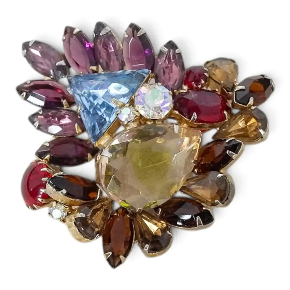 Vintage Juliana Fruit Salad Brooch Multicolor Rhinestone Navette Gold Tone